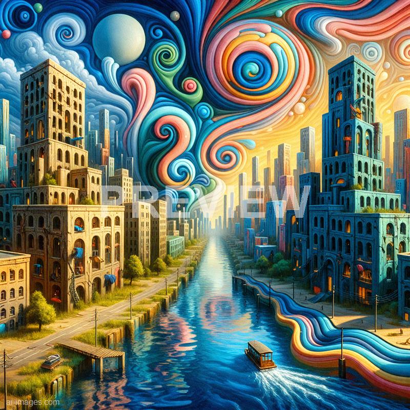 The image depicts a surreal cityscape with tall, old-fashioned buildings lining both sides of a wide canal. The sky above is filled with vibrant, swirling patterns in shades of blue, pink, green, and orange, resembling an abstract, cosmic scene with spirals and a large, pale moon or planet. A small boat is sailing along the canal, and the overall scene combines realistic architectural elements with fantastical, swirling sky patterns, creating a dreamlike atmosphere.